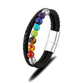 Handmade Yoga Healing Man Jewelry Stainless Steel Genuine Men Leather Bracelet 7 Chakra Gemstone Bead Leather Bracelet for Man