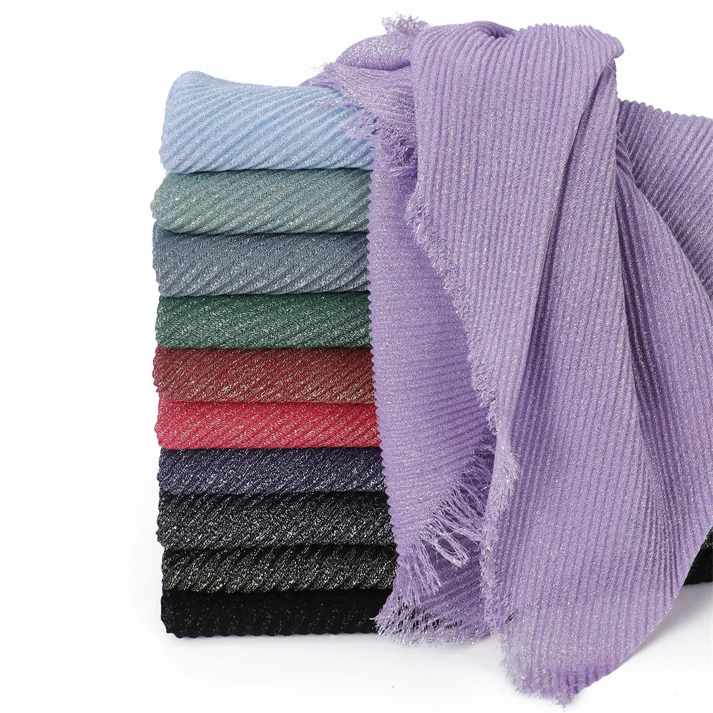 Spring New Solid Silver Silk Crease Polyester Scarf Women's Single-color Two-end Short Beaded Scarf Hijabs