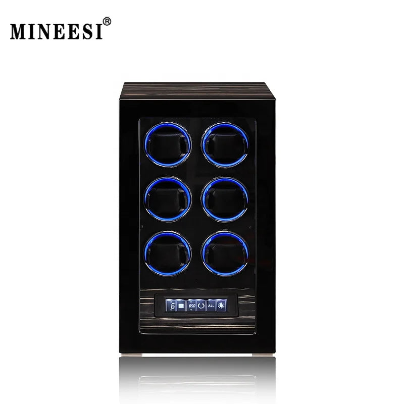 MINEESI 6-Slot Automatic Watch Winder MDF Case Storage Box Fingerprint Unlock Protective LCD Touch Screen Safe Watches