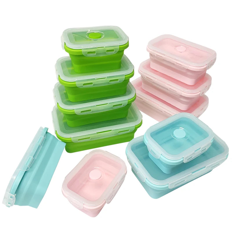 Green Round Silicone 4-Piece Collapsible Lunch Box Set with Well-Sealed Lids 1-3L Capacity Freshness Preservation