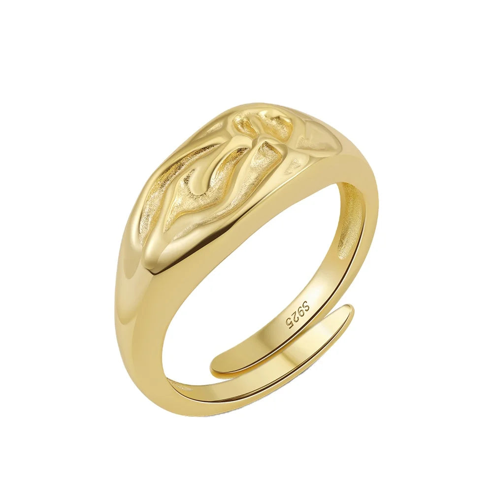 RINNTIN GAR09 High End Abstract Chunky Band Ring 925 Sterling Silver Trendy Punk Style Simple Gold Plated Open Ring