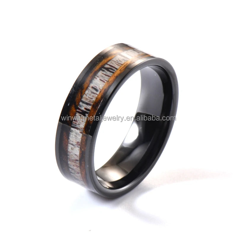 Unisex 8mm Deer Antler Wood Inlay Tungsten Men's Wedding Ring Trendy Whiskey Barrel for Engagement Anniversaries Hunting Party