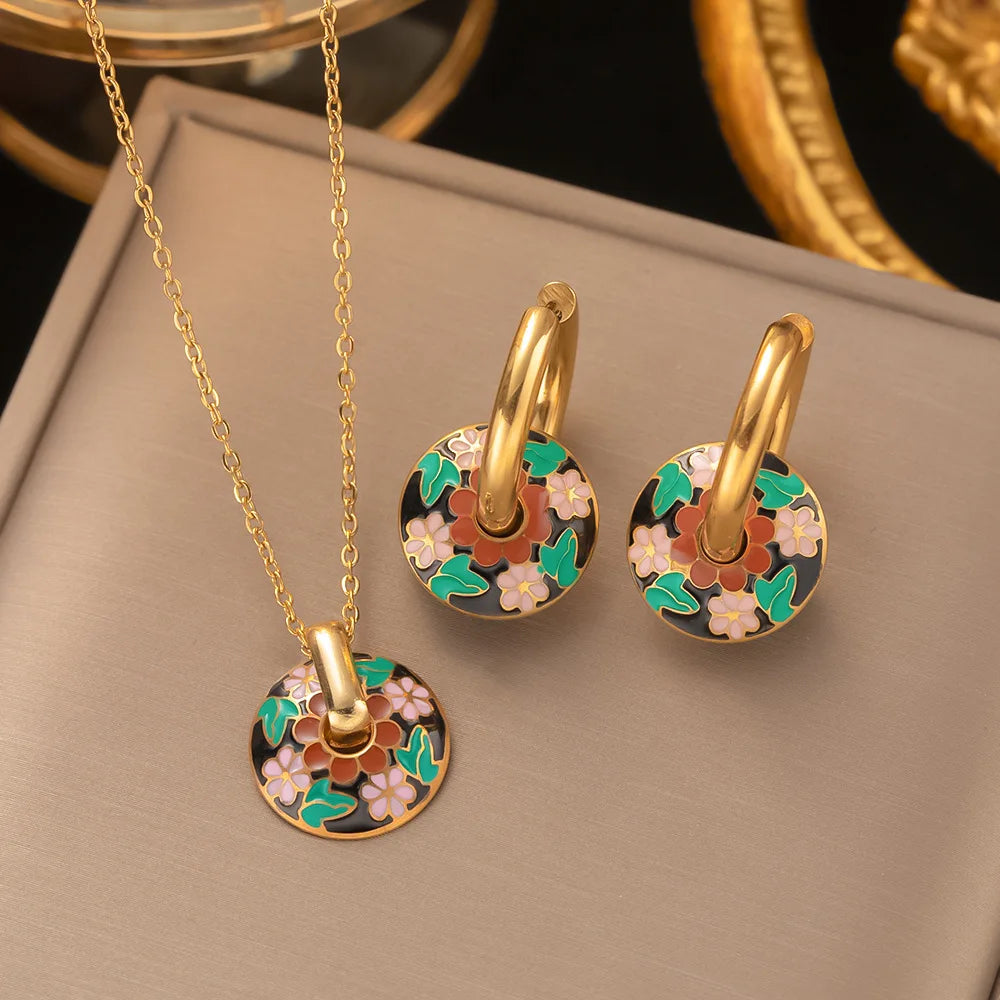 Wholesale Trendy 18k Gold Plated Enamel Stainless Steel Necklace Earrings Jewelry Set for Women