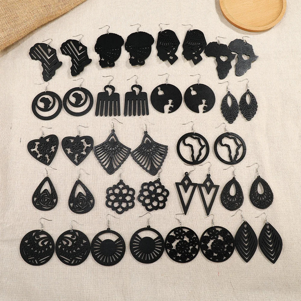 Black African Wooden Dangle Lightweight Drop Earrings Bohemian Earrings Jewelry Natural Wooden Earrings for Women Girls
