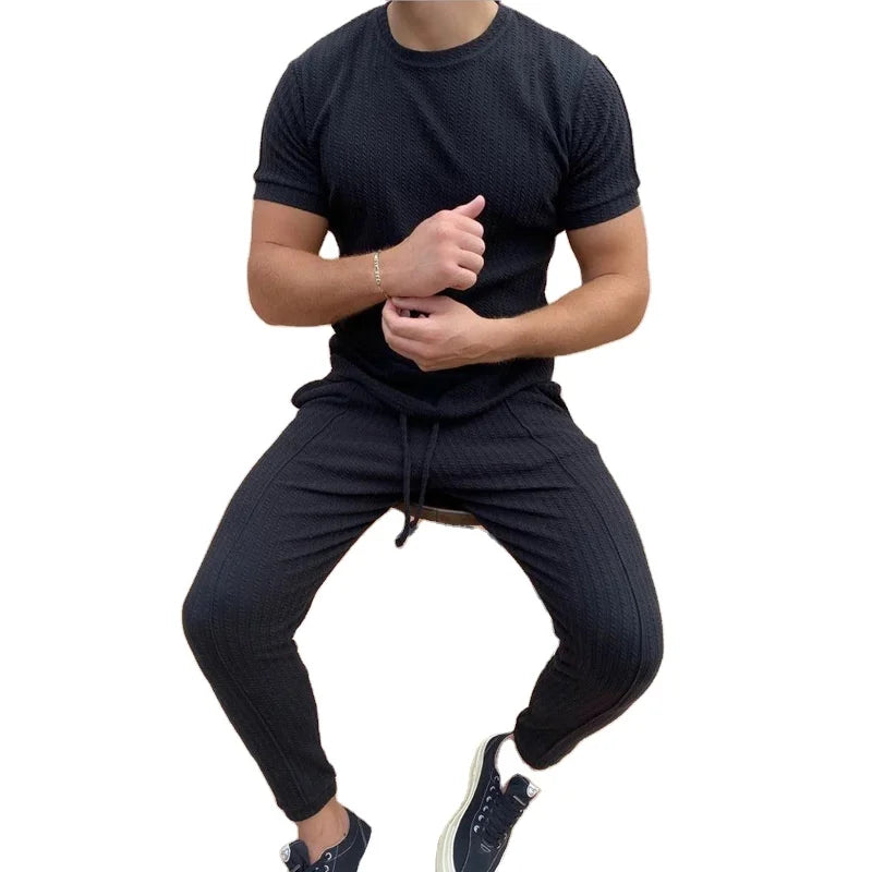 2024 Men's Solid Color White Black Two Piece Clothing Casual T Shirt and Pants Set