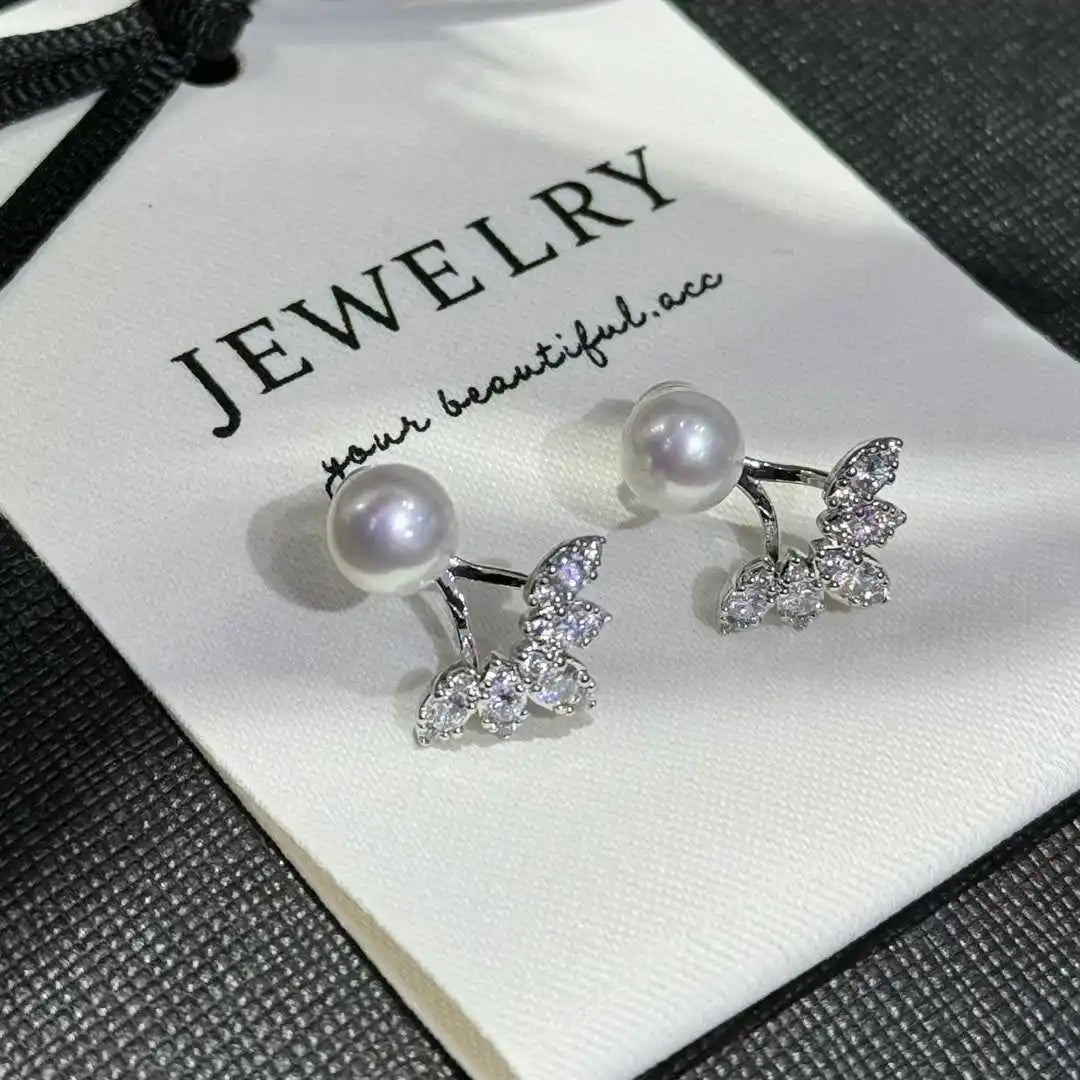 Anti Allergy Feather Stud Earrings 7-8mm Natural White Bread Freshwater Pearl BrassRhodium Plated AAAA Pearl Earrings