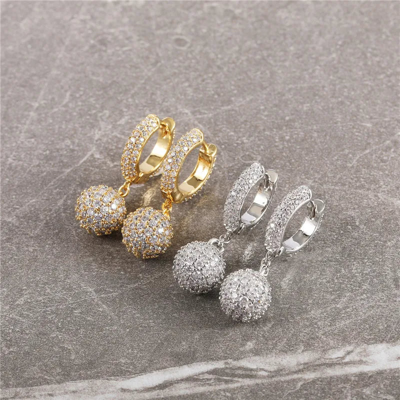 Hip Hop Earrings for Men and Women Round Bead CZ Paved Gemstone Ball Earring Gold Plated Jewelry Hoop Earrings