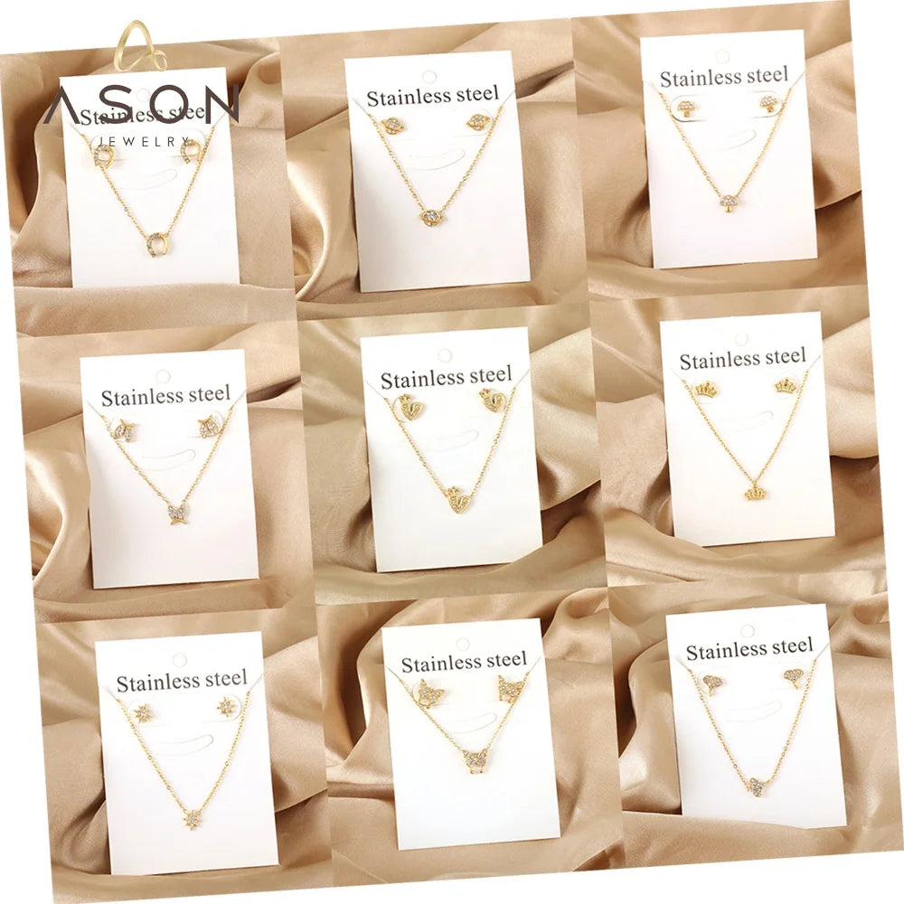 Ason Wholesale Jewelry Fashion Stainless Steel Small Pendant Necklaces Zircon Stud Earrings Two-piece Set Jewelry Set for Women