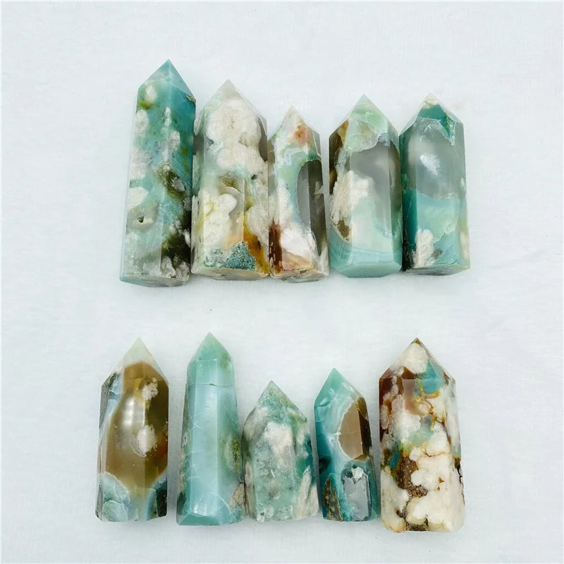 Wholesale Natural Flower Agate Stone Points Green Cherry Blossom Agate Crystal Tower