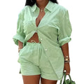Women Lady Girls 2 Piece Set Shirt + Shorts Suits Striped Fashion Printed Elegant Long Sleeve Button Lapel Casual Suits