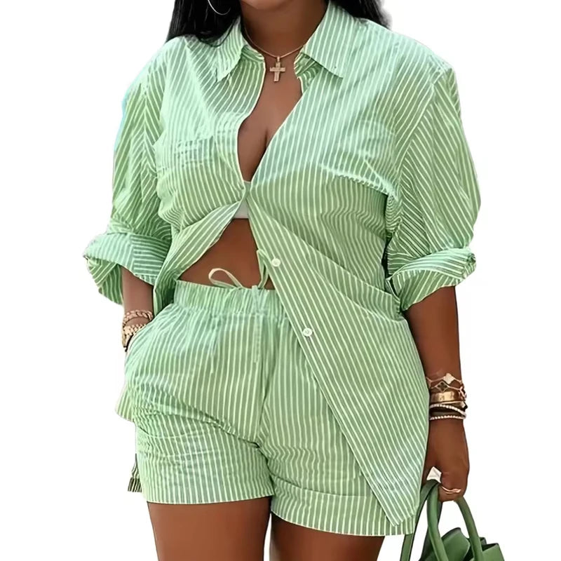 Women Lady Girls 2 Piece Set Shirt + Shorts Suits Striped Fashion Printed Elegant Long Sleeve Button Lapel Casual Suits