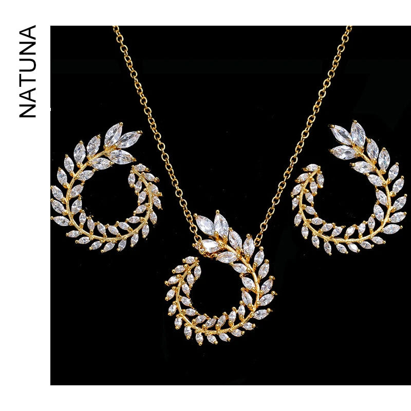 Natuna Vintage Gold Jewelry Set for Women Brass Small Hoop Earrings with Zirconia Necklace for Wedding and Party