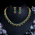 Brazilian 18k Gold Plated Trendy Love Heart Green Cubic Zirconia Fashion Charms Drop Earrings and Necklace for Ladies Party Gift