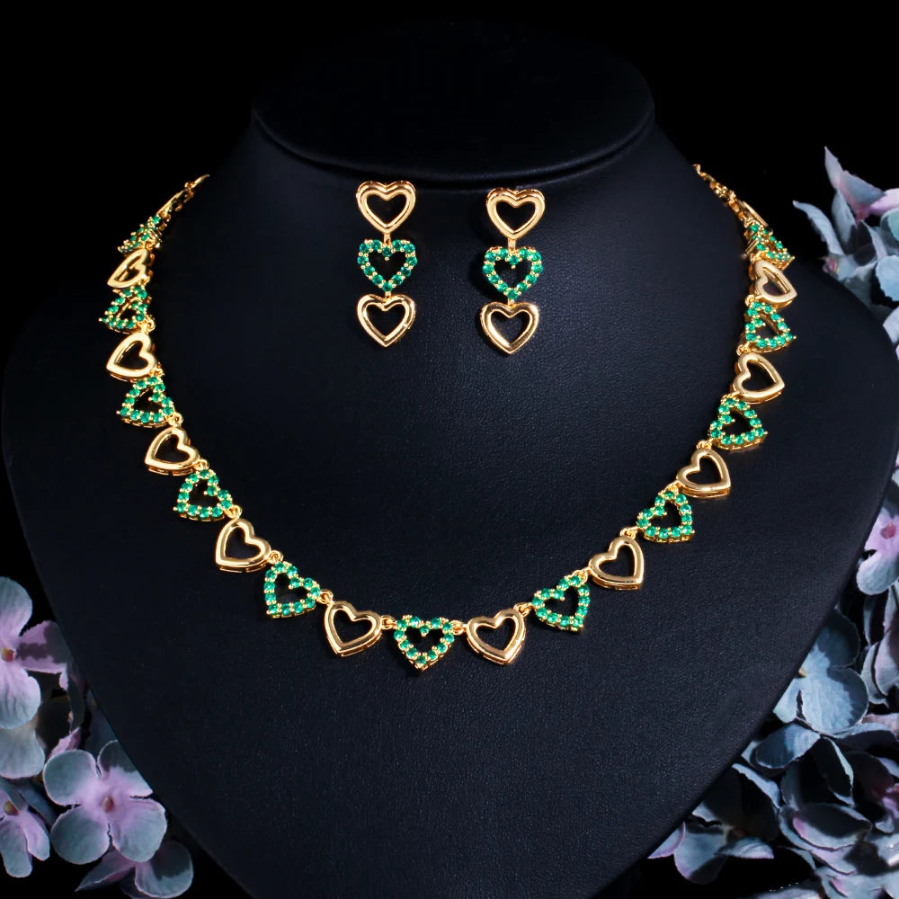 Brazilian 18k Gold Plated Trendy Love Heart Green Cubic Zirconia Fashion Charms Drop Earrings and Necklace for Ladies Party Gift