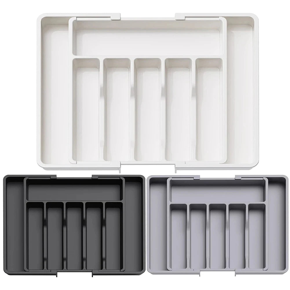 Adjustable Flatware Tableware Organizer with Dividers Utensil Holder Plastic Storage Tray for Spoons Forks Knives