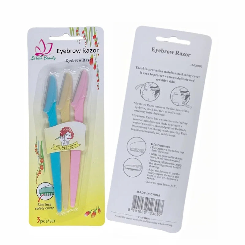 Custom LOGO High-quality 3pcs Eyebrow Razor Straight Shank Safe Eyebrow Trimmer Cutters Face Razor With Mesh Cutter Head