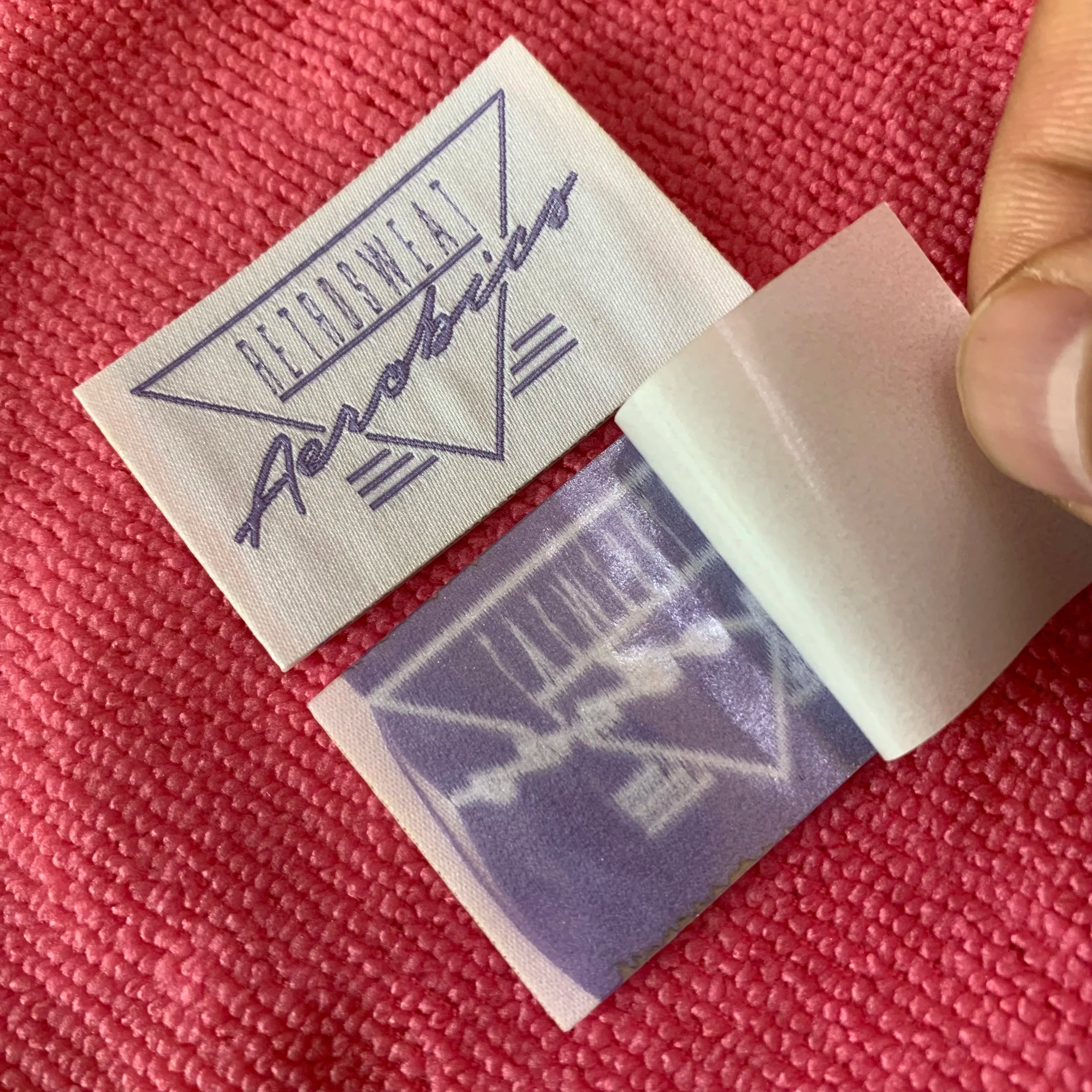 Clean White Self Adhesive Fabric Clothing Labelstrongly Glue Backing Heat Press Woven Label for Pants