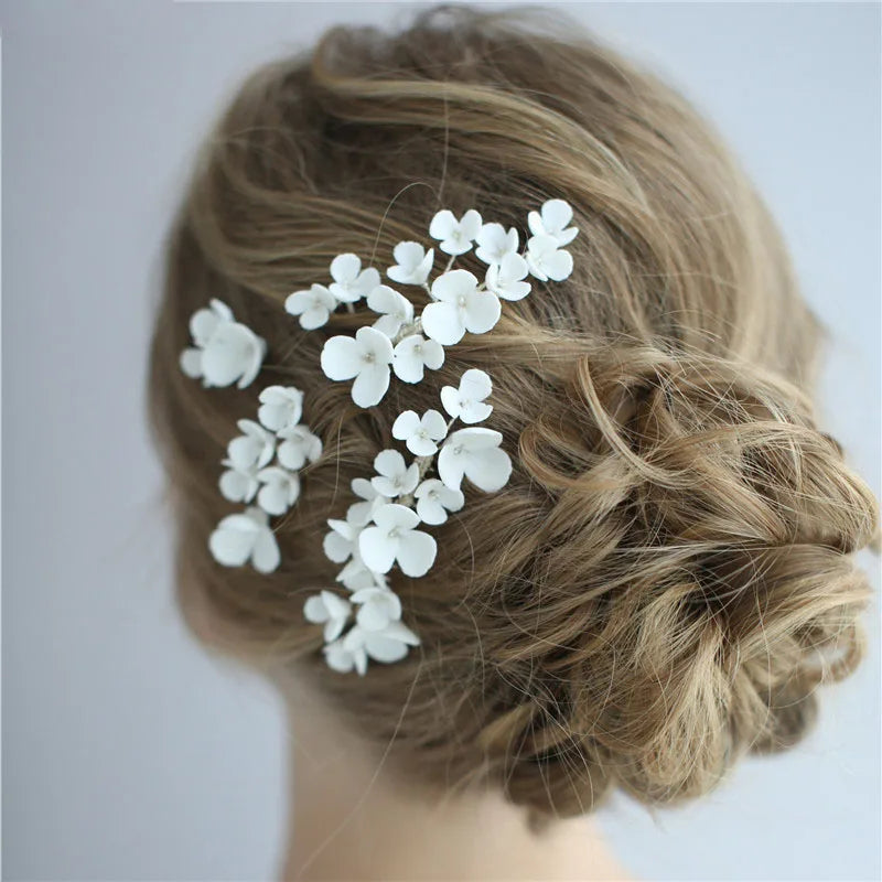 SLBRIDAL Handmade Rhinestone Pearls Porcelain Flower Alloy Bridal Hair Comb Wedding Headpieces Women Jewelry Hair Accessories