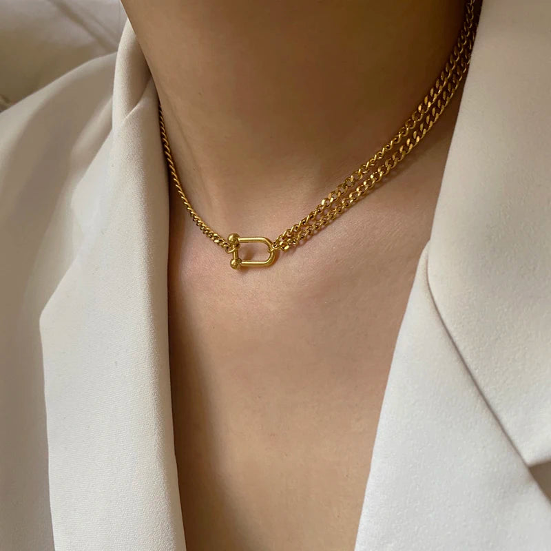 Double Layered Asymmetric Curb Cuban Link Chain Choker Necklace Hollow Circle Necklaces Minimalist 316L Stainless Steel Jewelry