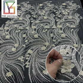 Wholesale Custom Beaded Sequin Lace Fabric Bridal Tulle 3D Flowers Embroidery Fabric Laces Fabrics for Women