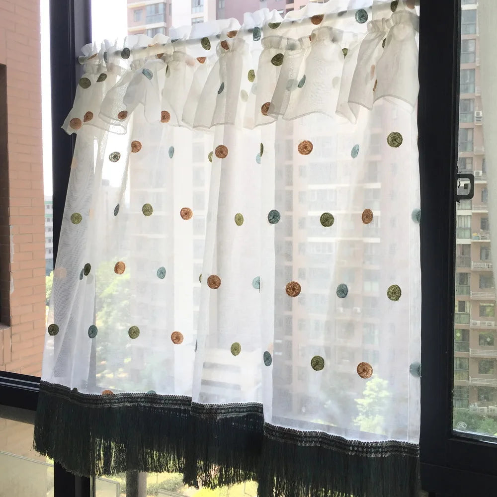 Rod Pocket Short Curtain Valance Tier  Kitchen Cafe Blue Dot Embroidery Delicate Short Roman Curtain