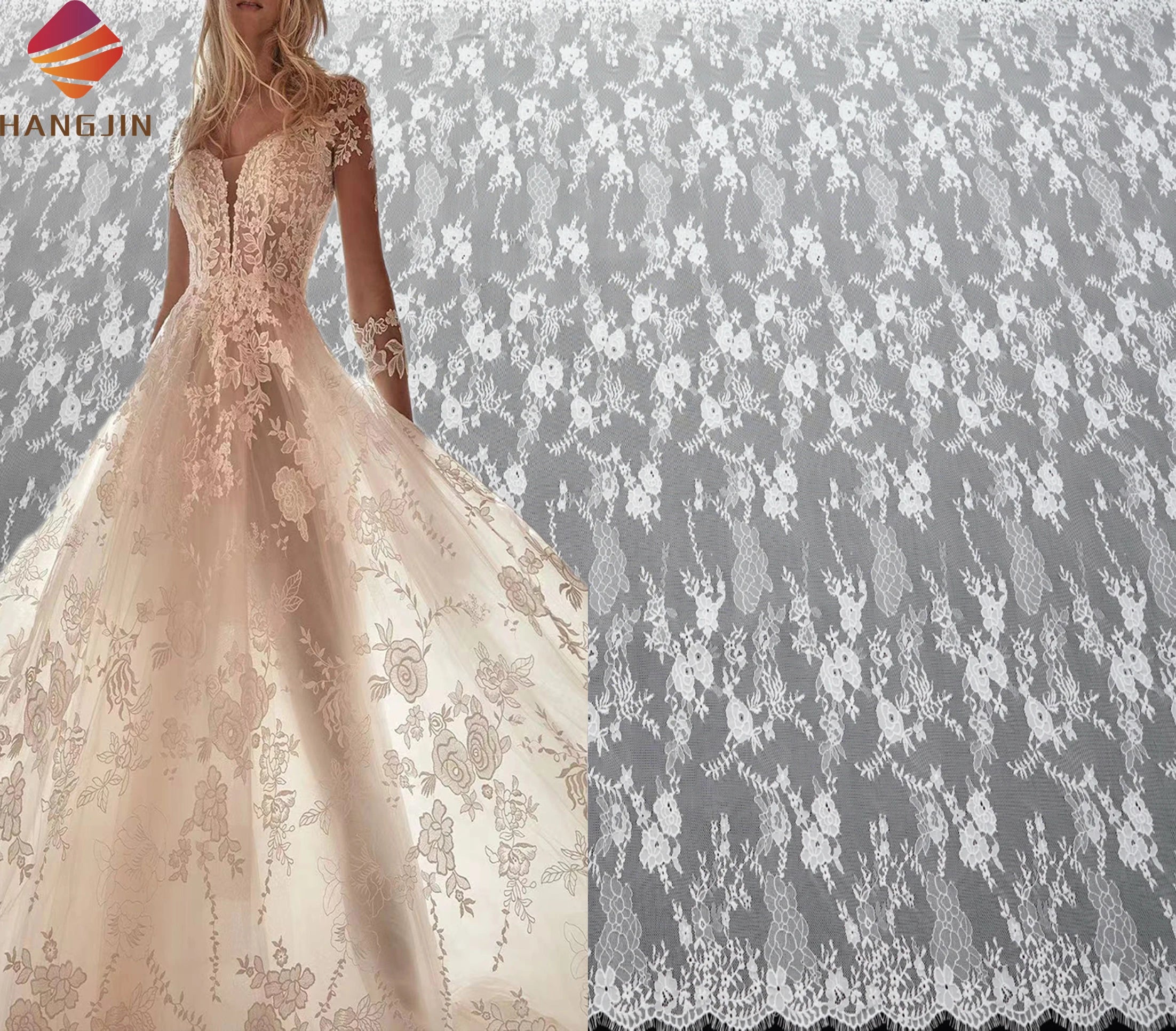 Custom White Veil Lace Chantilly Scalloped Eyelash Lace Trim Wedding Tulle Floral Embroidered Lace Fabric