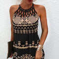 Popular Bohemian Style Summer Crew Neck Hollow Cut Sleeveless Halter Print Dress Women