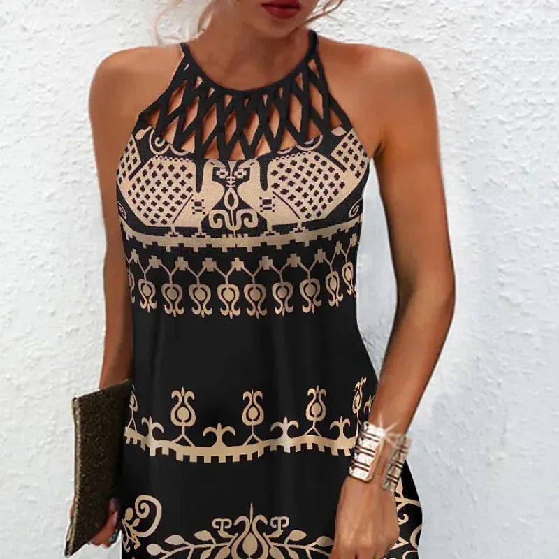 Popular Bohemian Style Summer Crew Neck Hollow Cut Sleeveless Halter Print Dress Women