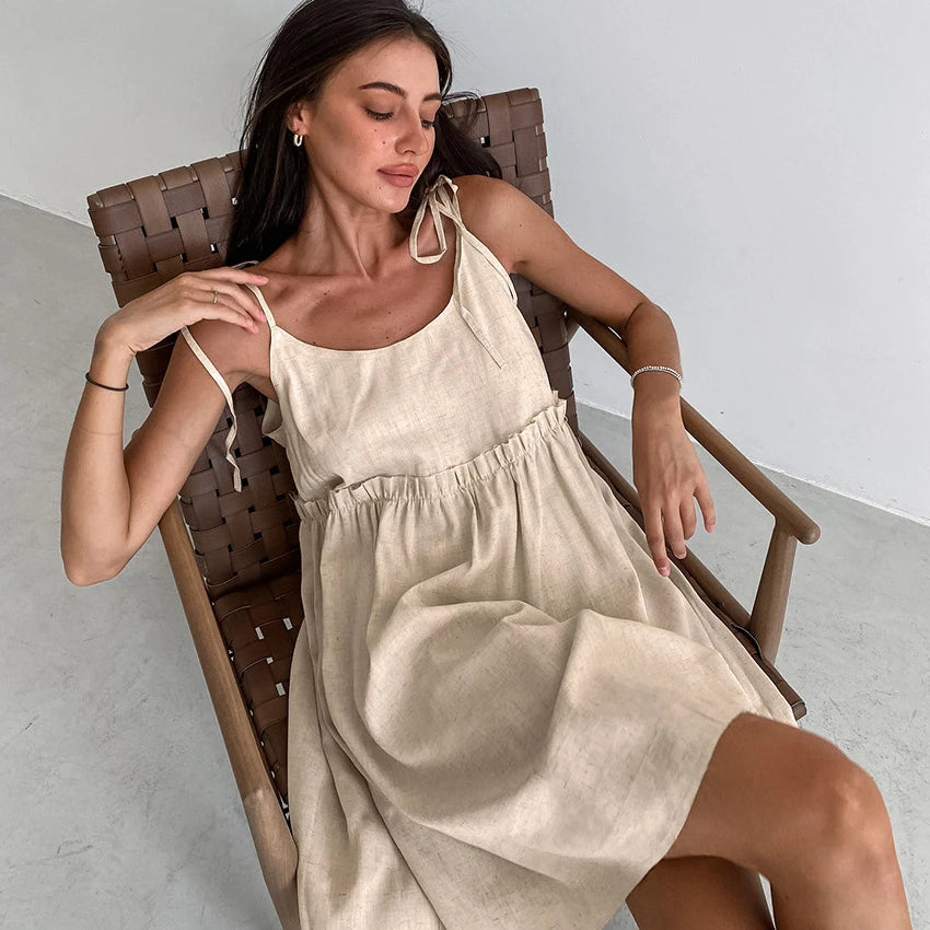 Enyami Vacation Boheme Summer Cotton Linen Spaghetti Strap Khaki Ruched Casual A-Line Cami Women Dress