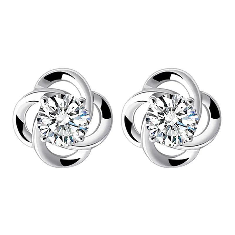 Hot Selling 925 Silver Plated Crystal Cubic Zirconia 4 Leaf Clover Stud Earring Jewelry for Women