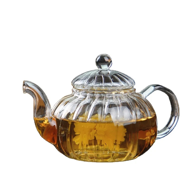 Wholesale 600ml Transparent Stripe Pumpkin Flower Glass Tea Set High Temperature Resistant Teapot Filtration Tank for Coffee Tea