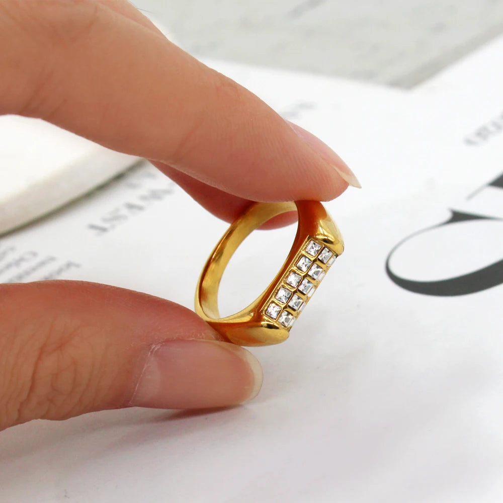 Fashion White 3A Zircon Stainless Steel Ring Statement PVD Gold Plated Finger Accessories Shiny Gift Waterproof