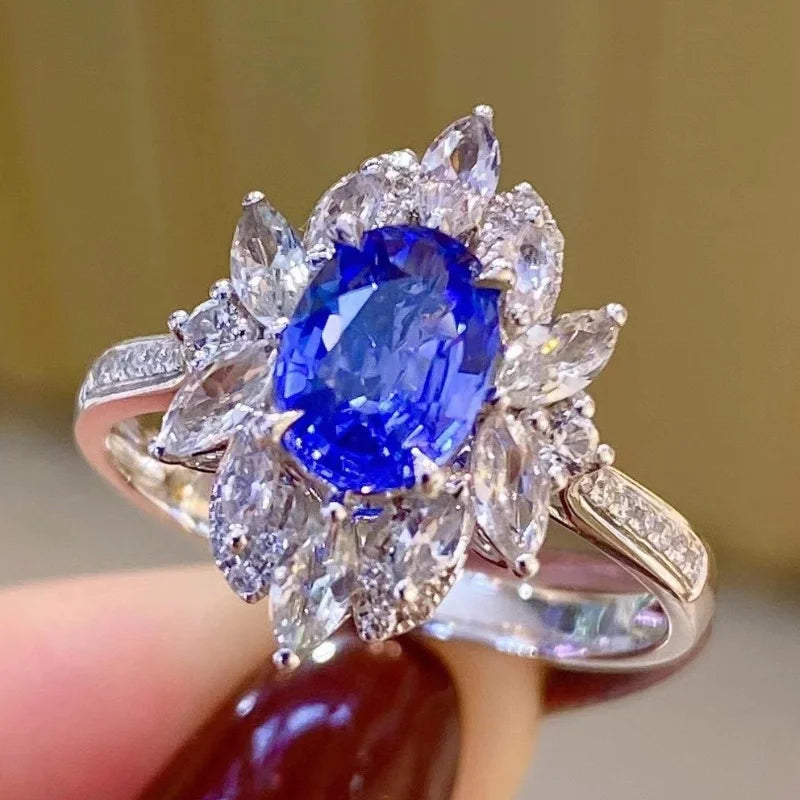 CAOSHI Luxury S925 Plated Oval Cut Blue Gemstone Side Stone Marquise Cut Crystal Flower Wedding Engagement Rings Jewelry Women