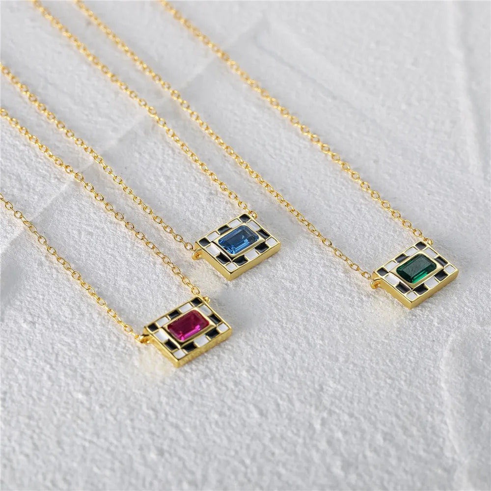 Fashion High Quality 925 Sterling Silver Emerald Square Enamel Pendant Necklace 18K Gold Plated Zirconia Women's Necklace
