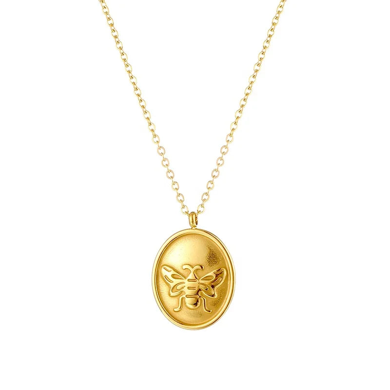 18K Gold Plated Stainless Steel Chain Link Oval Butterfly Bee Pendant Necklace