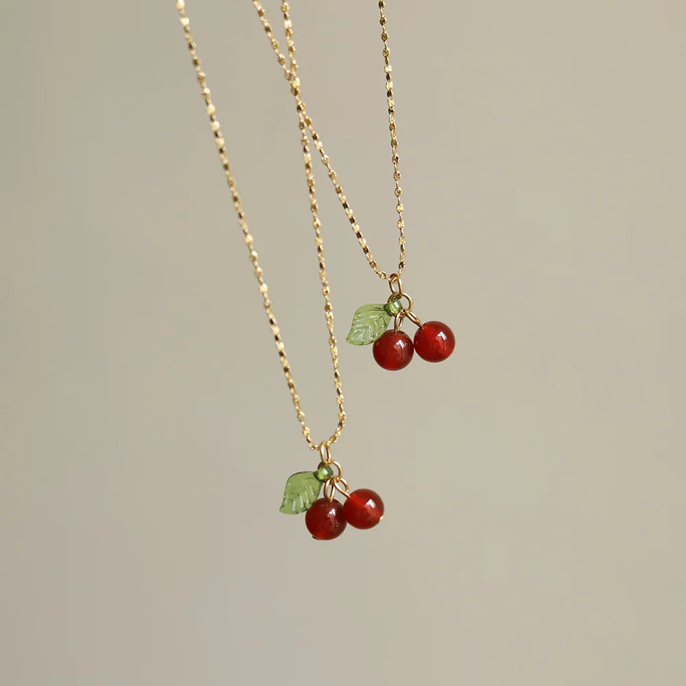 Temperament Stainless Steel Cherry Necklace Waterproof 18K Gold Plated Chocker Necklace Fruit Necklace Clavicle Chain for Women