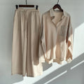 Spring Fall Ladies Pants 2 Piece Retro  Women Clothing High Waist Loose Trousers Polyester Linen Shirt Women's Sets