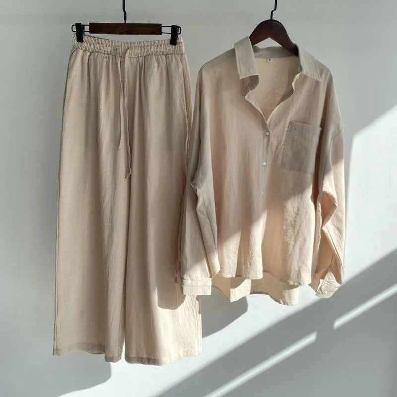 Spring Fall Ladies Pants 2 Piece Retro  Women Clothing High Waist Loose Trousers Polyester Linen Shirt Women's Sets