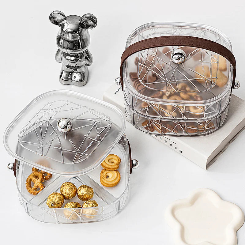 Handle Lid Tray with Divided Serving Platter for Party Nuts Candies Fruit and Cookies-Durable Plastic Dried Fruit Snack Tray