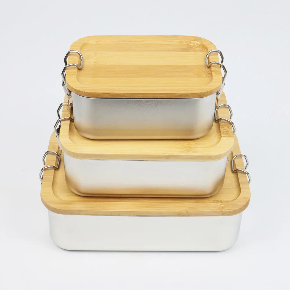 Eco Friendly Leakproof Metal Food Containers Stainless Steel Bamboo Lid Bento Lunch Box  With Buckle