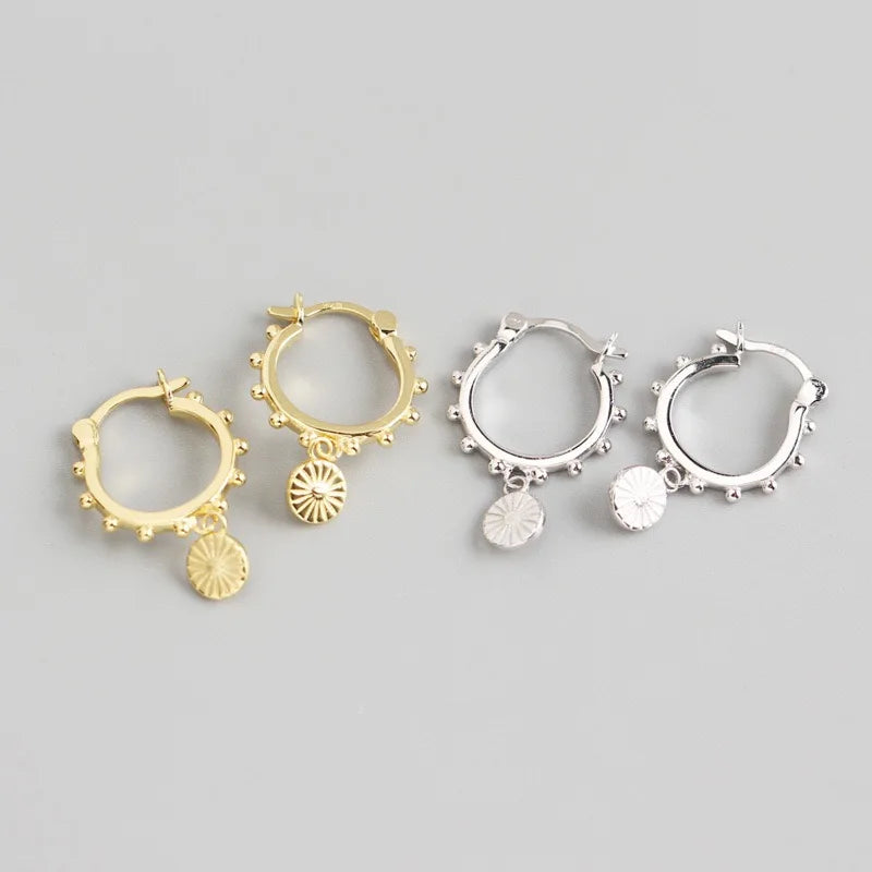 New Fashion Fine Jewelry 925 Sterling Silver Ball Bead Hoop Earrings with Small Circle Coin Retro Gold Plated Earrings for Women MegaBDM
