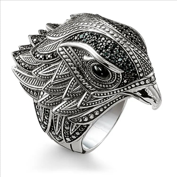 Fashion Punk Men's Domineering Chunky Heavy Band Rings Personalized Vintage Antique Silver Lifelike Eagle Rings for Men