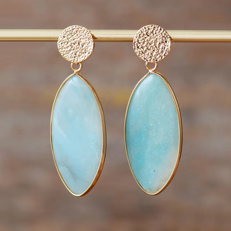 Exaggerated Gold Plated Geometric Amazonite Stud Earrings Natural Stones Direct Factory Wedding Jewelry Crystal Healing Style