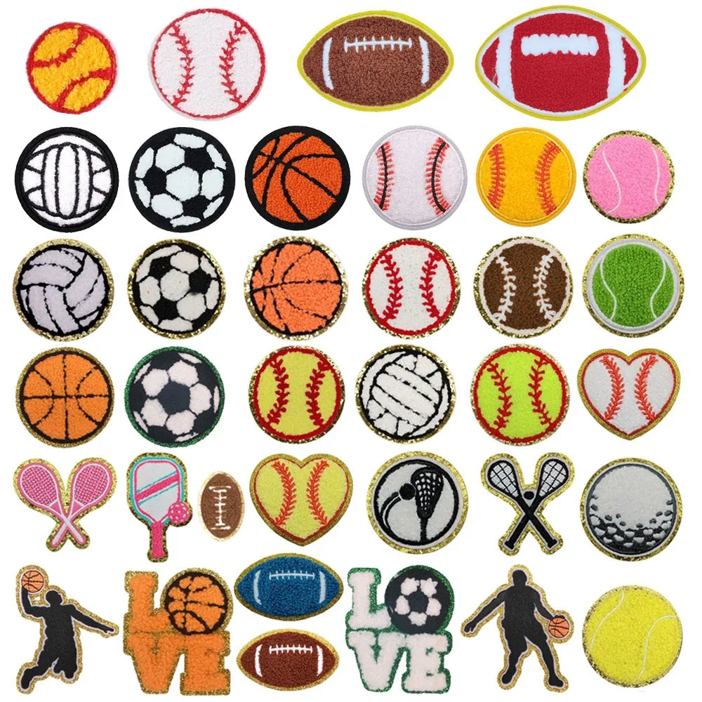 Hot Sale Football Soccer Rugby Basketball Baseball Tennis Design Iron on Gold Glitter Embroidery Chenille Sport Game Patches
