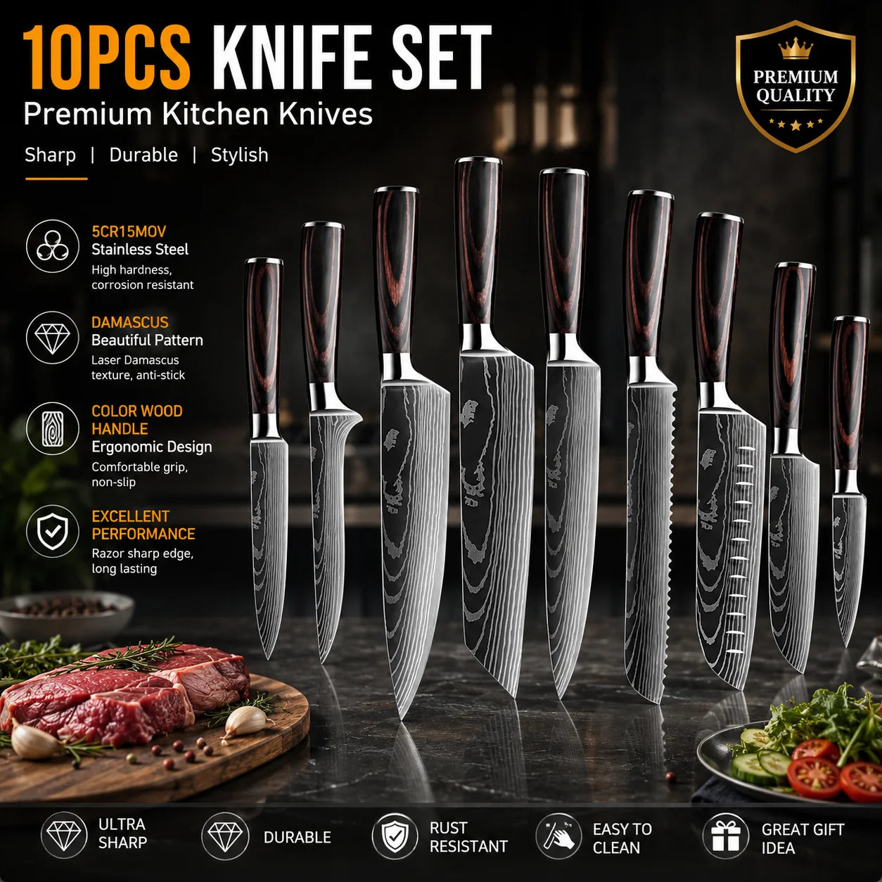 Professional 10-Piece Japanese Kitchen Knife Set Handmade High Carbon Stainless Steel Damascus Pattern Eco-Friendly Ambidextrous