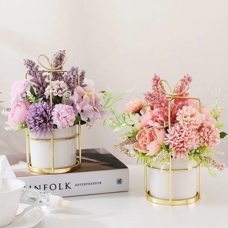 Hot Sale Artificial Flower Wedding Flower Bouquet with Pot Bonsai Table  Silk Flower Plants Home Decoration Ceramic Pot