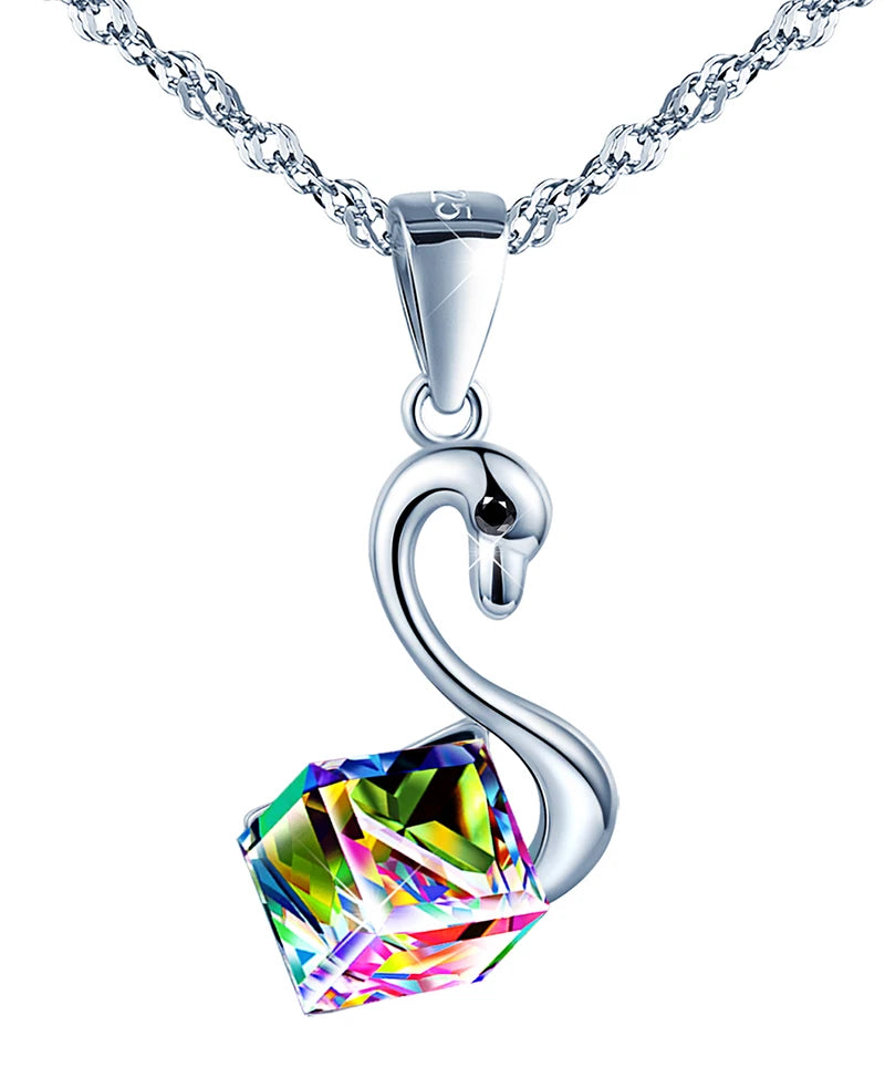 Elegant Swan Crystal Embellished Sterling Silver Pendant Necklace Exquisite Silver Jewelry for Women