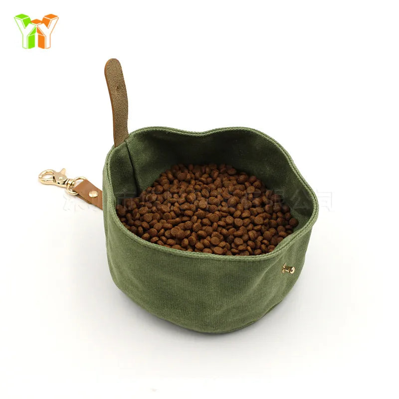 Waterproof Waxed Canvas Collapsible Dog Bowl Canvas Leather Feeder Cat Food Foldable Travel Dog Bowl for Pet Outdoor