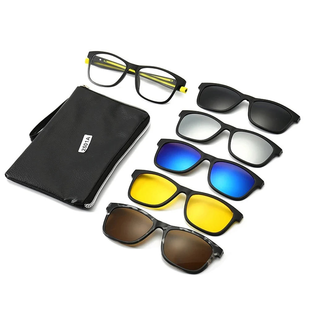 2501 Fashion Rectangle Framemagnet Sports Polarized Clip on Tr90 Glasses Sunglasses Set