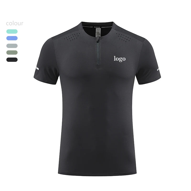 Men's Athletic 1/4 Zipper Crew Neck Short Sleeve Fitness Running Top Casual Knitted Shirt With Digital Printing Solid Pattern
